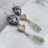 Snakeskin Wrasse, Drusy, and Actinolite in Quartz Earrings